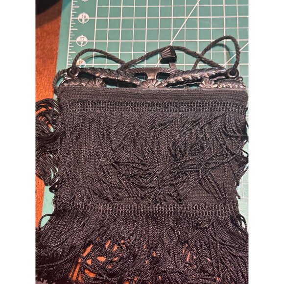 Vintage Black Beaded Fringe Handbag Purse With Cord Handle & Decorative Plastic - Picture 7 of 7